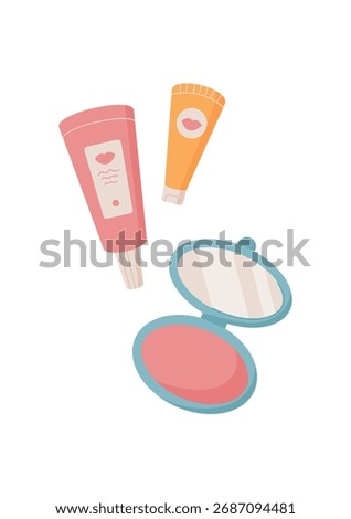 Flat cartoon graphic style of lip cream tube and cosmetic jar with mirror. Colorful makeup products for skincare and beauty. Concept of organic bodycare, hygiene, facial care, suitable for fashion