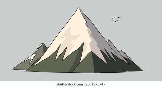 Ilustración vectorial gráfica plana de dibujos animados de paisaje montañoso abstracto con pico de monte triangular nevado aislado sobre fondo gris. Elemento de boceto plano simple para el concepto de turismo de escalada o senderismo.