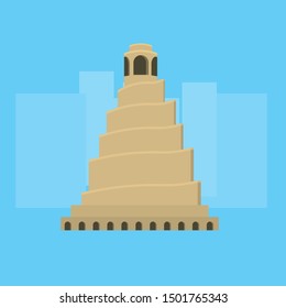 Flat cartoon Great Mosque of Samarra historic building web site vector illustration. Sightseeing of Iraq in Asia. Landmarks and World famous showplaces concept.