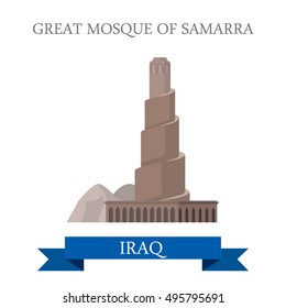 Flat cartoon Great Mosque of Samarra historic building web site vector illustration. Sightseeing of Iraq in Asia. Landmarks and World famous showplaces concept.