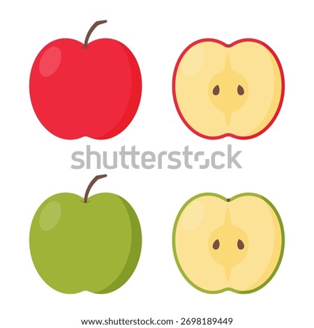 Flat Cartoon Green and Red Apple Cut in Half isolated on white background vector template