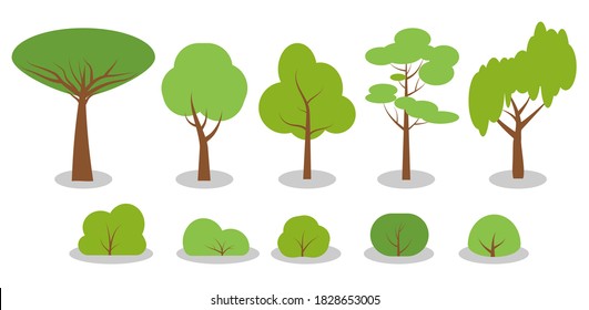 Flat cartoon green spring trees, bushes icons set. Summer season forest, park, garden oak, birch, fir, symbol. Simple different shape eco organic plant sign. Isolated on white vector illustration