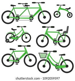 Flat cartoon green vector bicycle set including tandem, bike with basket and baby seat, kids and city cycle. Collection of popular ecological transport