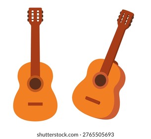 Flat cartoon guitar icon. Classic acoustic guitar in front view and side angle. Simple isolated vector clipart illustration.