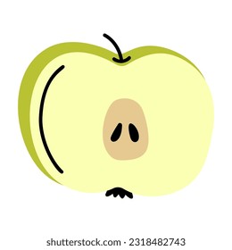 Flat Cartoon Half Cut Apple. Hand Drawn Fruit Illustration