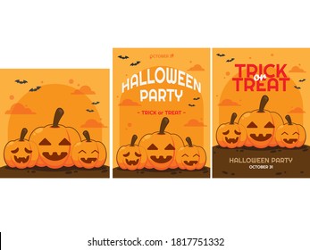 flat cartoon of Halloween card and poster set of vector design. The Pumpkin, The Cauldron and The Grave