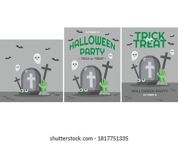 flat cartoon of Halloween card and poster set of vector design. The Pumpkin, The Cauldron and The Grave