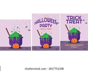 flat cartoon of Halloween card and poster set of vector design. The Pumpkin, The Cauldron and The Grave
