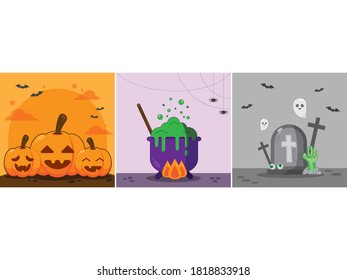 flat cartoon of Halloween card and poster set of vector design. The Pumpkin, The Cauldron and The Grave