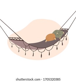 Flat cartoon hammock with boho decorations and pillows. Rest and relax. Vector object for animation, cards and your creativity.