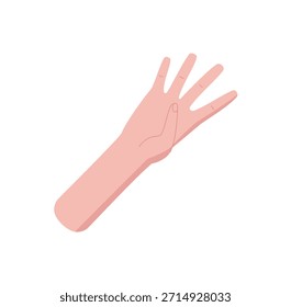 Mano plana de dibujos animados con la palma desnuda y cuatro dedos levantados en una etiqueta engomada del gesto. Mano humana que muestra el número 4 con la palma abierta y los dedos. Brazo desnudo de la piel en el signo de contar, aislado en el fondo blanco