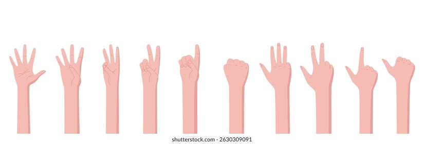 Flat cartoon hand count gesture set. Human finger and bare arm positions count numbers in creative ways. Varied hand signals offer educational and illustration uses, ideal for people study.
