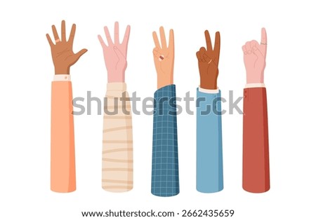 Flat cartoon hand count gesture set. Diverse fingers show count and number with colorful clothes. Isolated concept for educational use in schools and learning environments.
