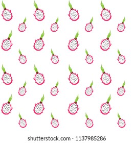 Flat cartoon hand drawn dragon fruit pitahaya pitaya isolated on white background Vector seamless pattern