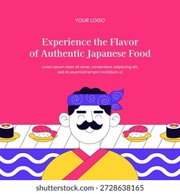 Ilustración plana dibujada a mano de dibujos animados de alimentos de sushi japonés sobre fondo decorativo