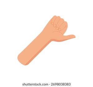 Flat cartoon hand gesture with bare arm sticker. Raised finger signals the number one with a simple and isolated pose. Represents counting, pointing, or signaling concepts. Ideal for educational,