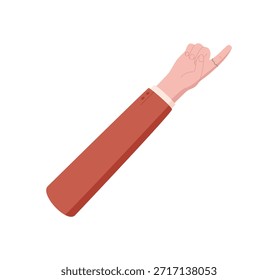 Gesto plano de la mano de la historieta con el dedo levantado para mostrar el número uno. La mano humana en un brazo vestido señala el conteo y los conceptos matemáticos simples. Diseño Básico y educativo aislado en el fondo blanco,