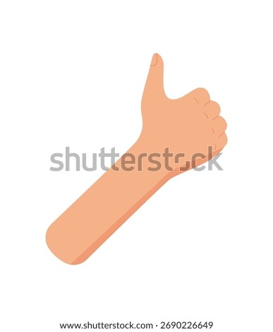 Flat cartoon hand gesture with one finger raised. Bare human hand showing the number one with thumb and fingers positioned upright. Isolated arm for math, announcement, and counting concepts.