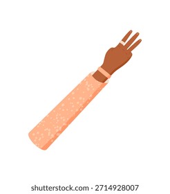 Gesto plano de la mano de la historieta que muestra tres dedos. Mano humana con pose de dedo que señala el número tres. Marrón con la manga para arriba, aislado para el conteo o el diseño de las matemáticas.