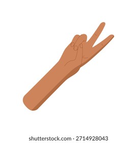 Gesto de mano de dibujos animados planos muestra el número dos. La palma humana y los dedos señalan la cuenta 2, aislados en el fondo blanco. Estilo simple para la educación, las matemáticas o los conceptos preescolares.