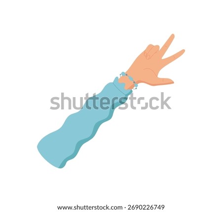 Flat cartoon hand gesture with three fingers showing up. Human hand with sleeve signals number three. Simple visual element for count, math, or signal purposes.