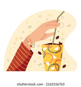 Flat cartoon hand holding cup of coffee or tea. Vector illustration.