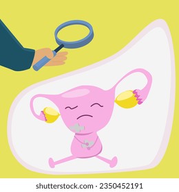 mano de caricatura plana con lupa y ovarios, chequeo de salud de los ovarios del concepto de auditoría interna interior, anual.