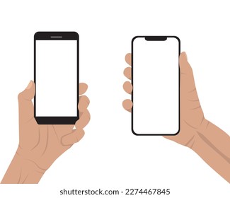 Mano de caricatura plana con smartphone de pantalla blanca