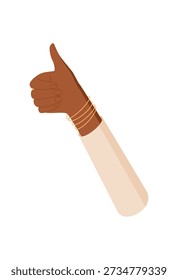 Mano plana de dibujos animados que muestra el gesto del pulgar hacia arriba. El signo del pulgar levantado simboliza la unidad, la Asistencia y la diversidad. Ilustración creativa y colorida que refleja la conexión humana concepto multicultural, ideal para