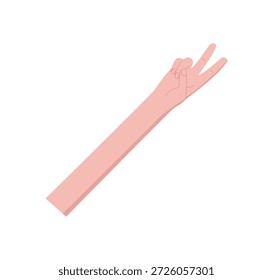 Mão plana de desenho animado mostrando dois dedos. Braço humano com pele nua num gesto de contar o número dois. Palm e dedos isolados em fundo branco, estilo de estoque profissional, adequado para