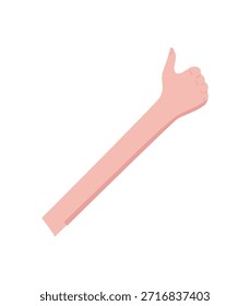 Flat cartoon hand with thumb up. Bare palm and finger show number one. Simplistic arm gesture with soft skin tone. Isolated concept for approval, liking, or educational counting.