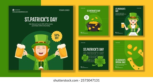 Flat Cartoon Hand-Drawn Templates for St. Patrick's Day Social Media Posts