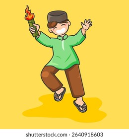 Flat cartoon of happy boy holding torch celebrating Islamic event. Wearing green shirt, brown pants, and black cap on yellow background. Fun illustration for Muharram or religious events.
