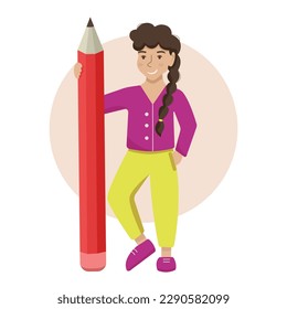 Caricatura plana y chica estudiante con un gran lápiz. Concepto de educación. Ilustración del vector aislada en fondo blanco
