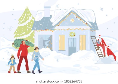 Flat cartoon happy family characters carry christmas tree -merry Xmas,happy New Year holiday concept
