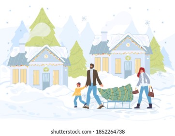 Flat cartoon happy family characters carry christmas tree -merry Xmas,happy New Year holiday concept