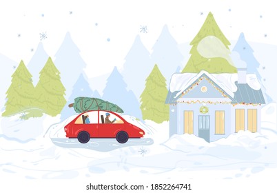 Flat cartoon happy family characters carry christmas tree -merry Xmas,happy New Year holiday concept