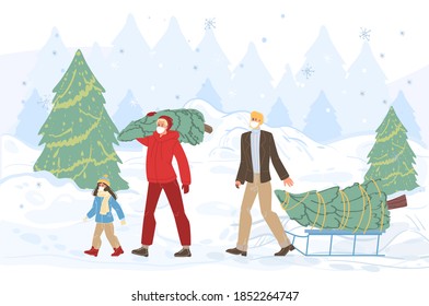 Flat cartoon happy family characters carry christmas tree -merry Xmas,happy New Year holiday concept