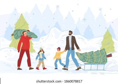 Flat cartoon happy family characters carry christmas tree -merry Xmas,happy New Year holiday concept