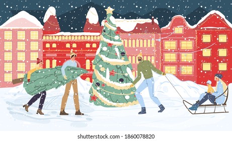 Flat cartoon happy family characters carry christmas tree,sledging-merry Xmas,happy New Year holiday concept
