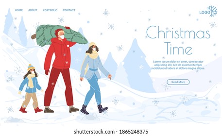 Flat cartoon happy family characters carry christmas tree -merry Xmas,happy New Year holiday concept