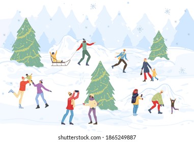 Flat cartoon happy family characters doing winter outdoor activities, sledging in snow,merry christmas,happy New Year holiday concept