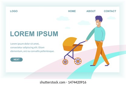 Flat Cartoon Happy Smiling Man Walking with Newborn in Stroller Illustration.  