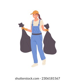 Flat cartoon happy smiling woman cleaner character picking garbage taking out trash in plastic bags