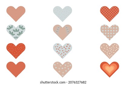 Flat cartoon heart set. Romantic abstract symbol of various shapes for Valentine's Day.