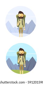 Flat cartoon hiking man