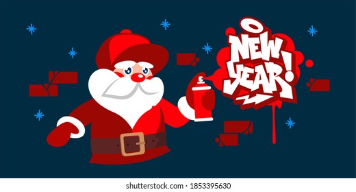 Flat Cartoon Hiphop Santa Claus Spraying Graffity Vector Illustration Art