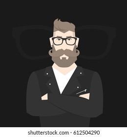 Flat cartoon hipster character in Crook (Leather Jacket ), vector illustration bearded man