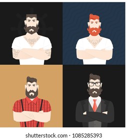 Flat cartoon hipster character, vector illustration bearded man with tattoo