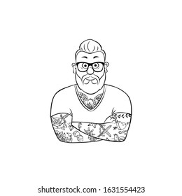 Flat cartoon hipster character, vector illustration old man with tattoo.